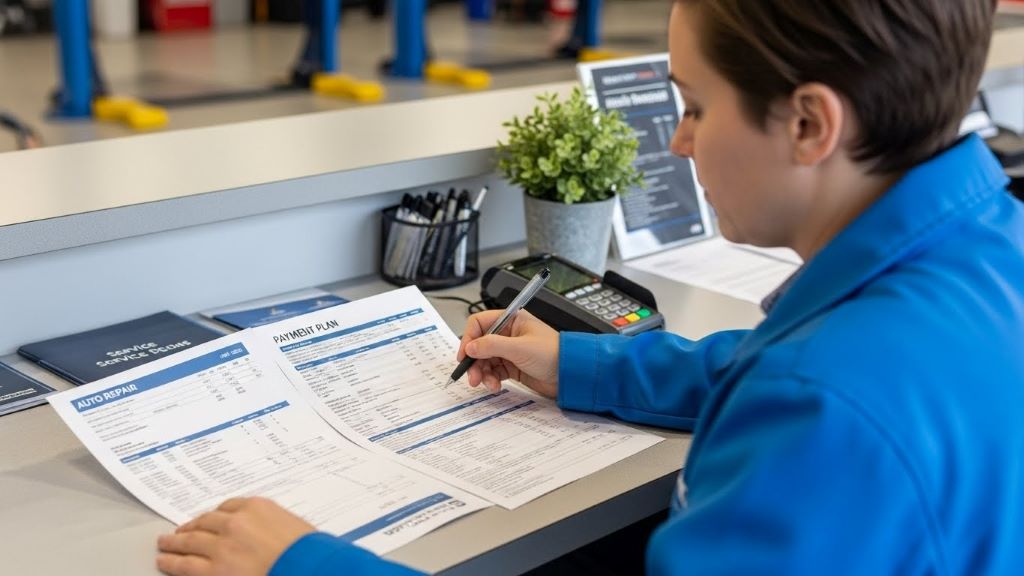 Person reviewing auto repair invoice and payment plan documents at service center counter
