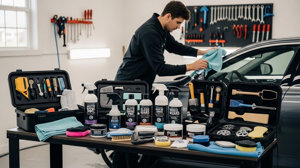 Interior car cleaning using professional detailing tools