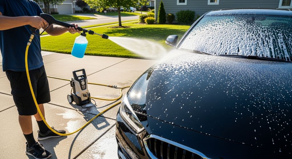 Person using a foam cannon attached to a pressure washer to wash a clean car in a driveway