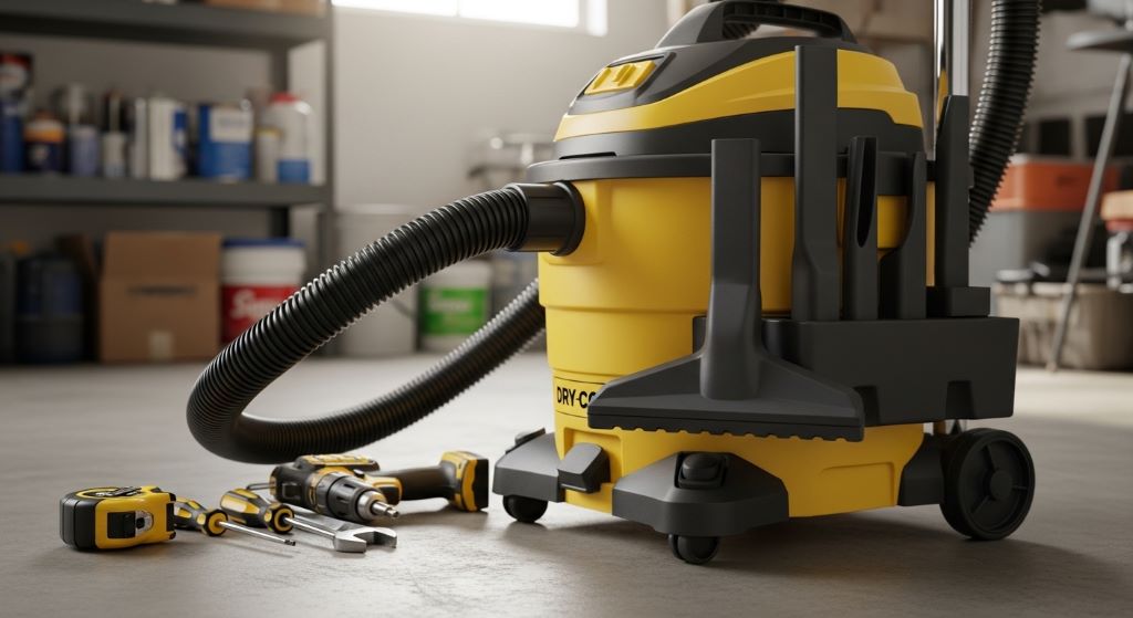 Close-up of a low cost vacuum shop vac with hose attachments sitting next to tools in a home garage