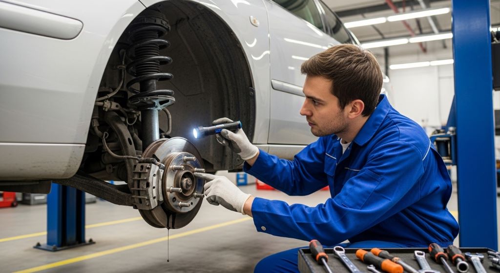 Mechanic inspecting a vehicle's shock absorber for signs of hydraulic oil leakage during a suspension check