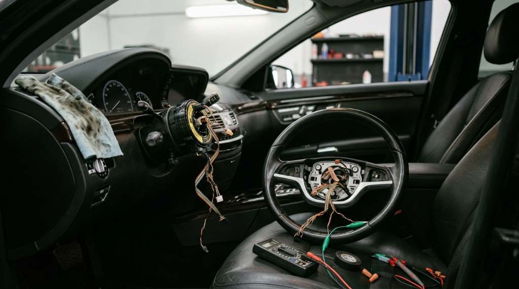 Dashboard warning lights indicating steering wheel electrical failure and airbag issue