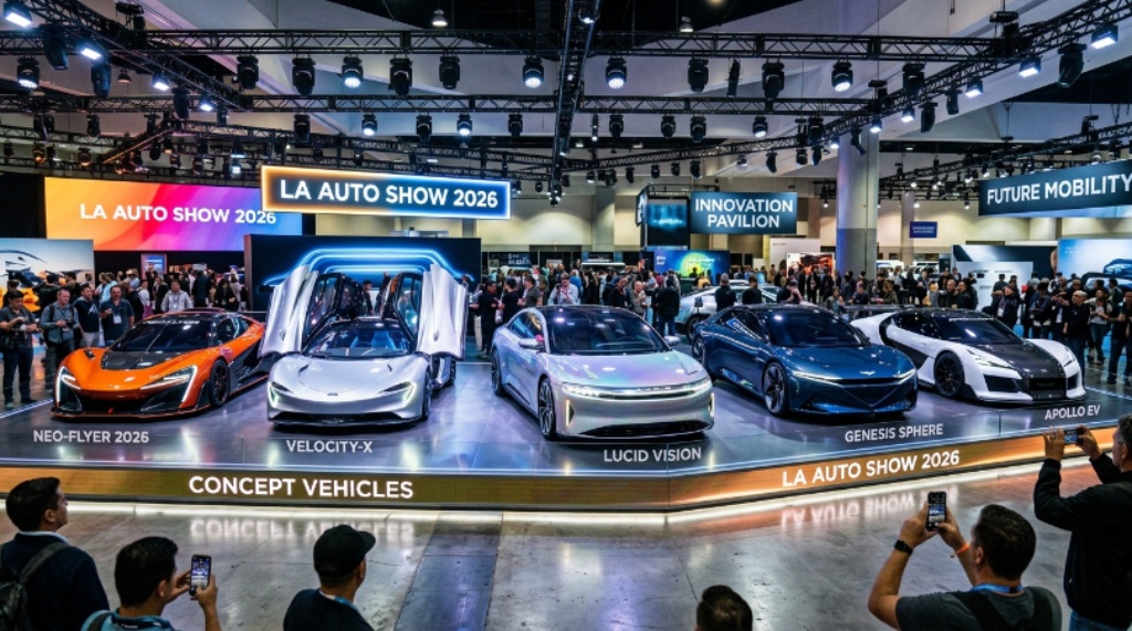 A row of futuristic concept cars on display under bright lights at the LA Auto Show 2026 exhibition hall