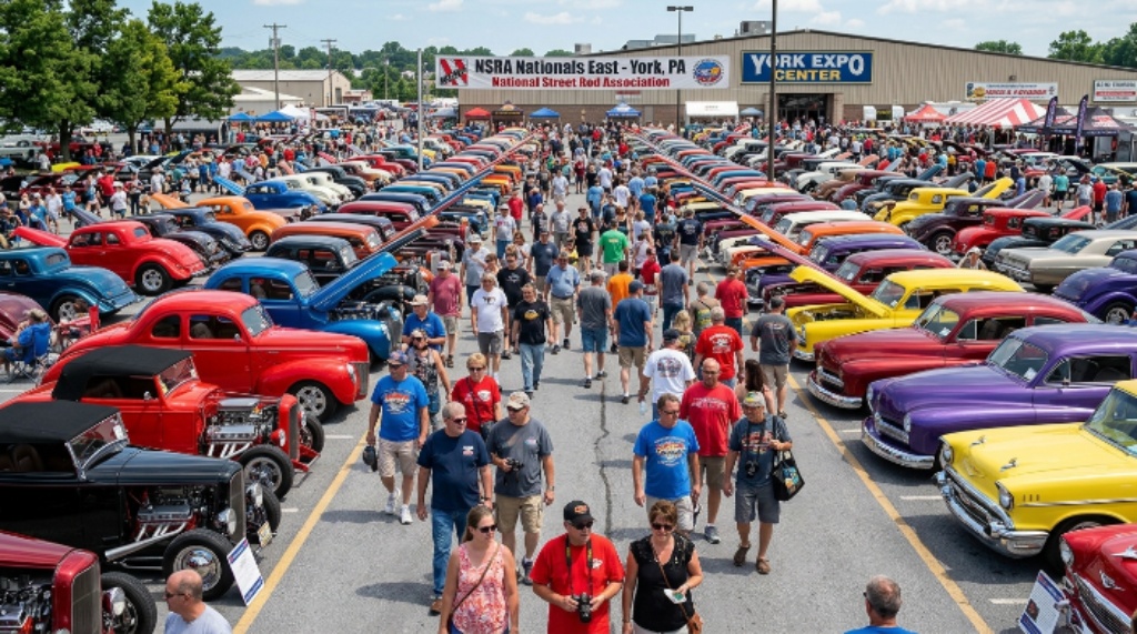 Crowds of car enthusiasts walking through rows of custom hot rods at the NSRA Nationals East in York PA