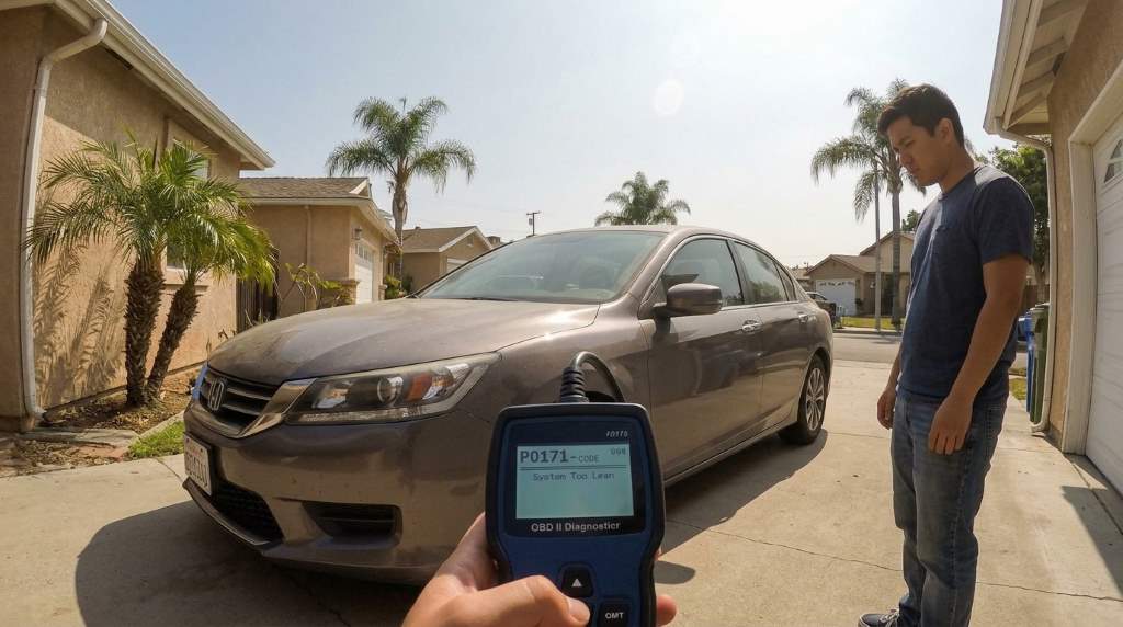 Driver checking check engine light related to fuel trim faults