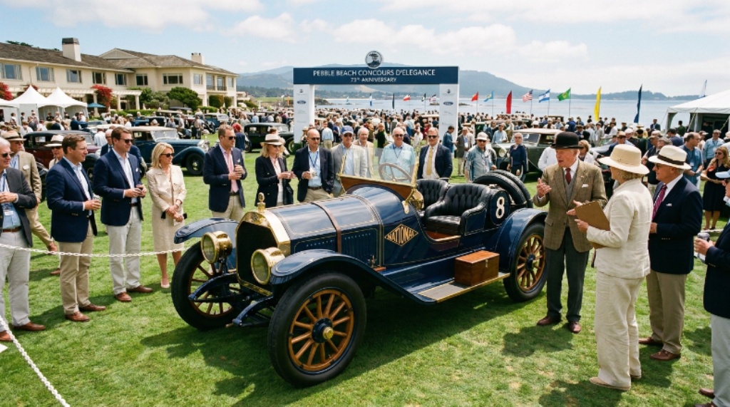 Collectors and automotive enthusiasts gathered around a pre-WWI Early American Speedster at the Pebble Beach Concours d'Elegance 75th anniversary celebration in Monterey, California