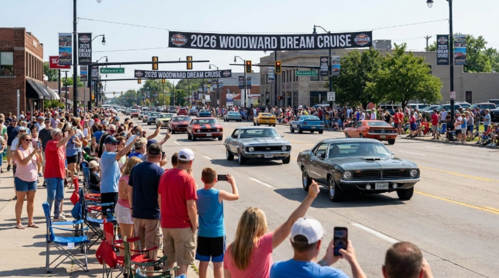 Spectators lining Woodward Avenue watching vintage muscle cars roll past during the 2026 Woodward Dream Cruise