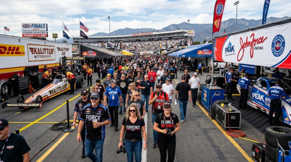 Fans walking through pit lane at NHRA Finals Pomona November 2026