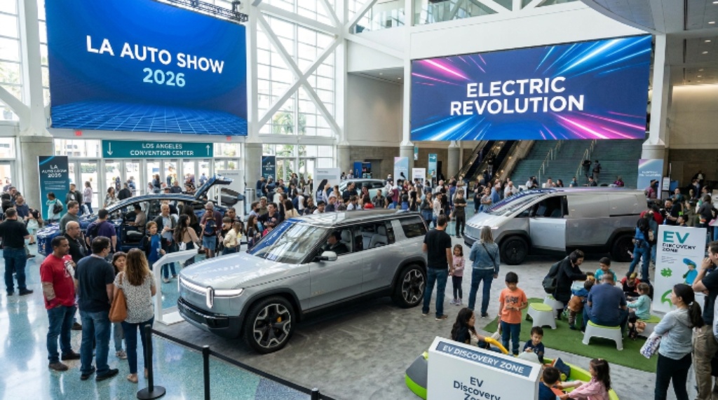 A visitor sitting inside a new electric SUV during a test drive session at the Underground Test Drives zone of the Los Angeles Auto Show 2026 at the LA Convention Center in November