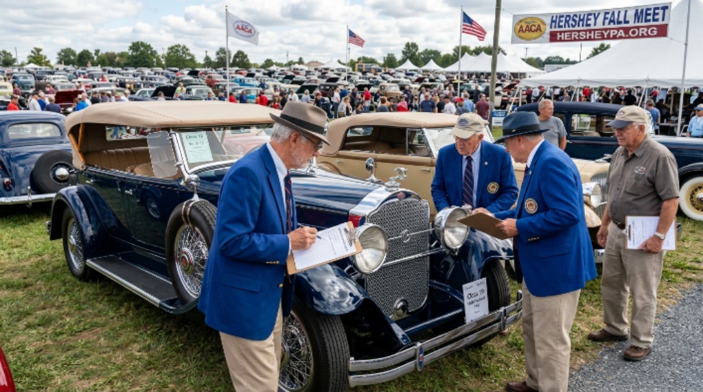 Judges inspecting a restored classic car during the Hershey car show