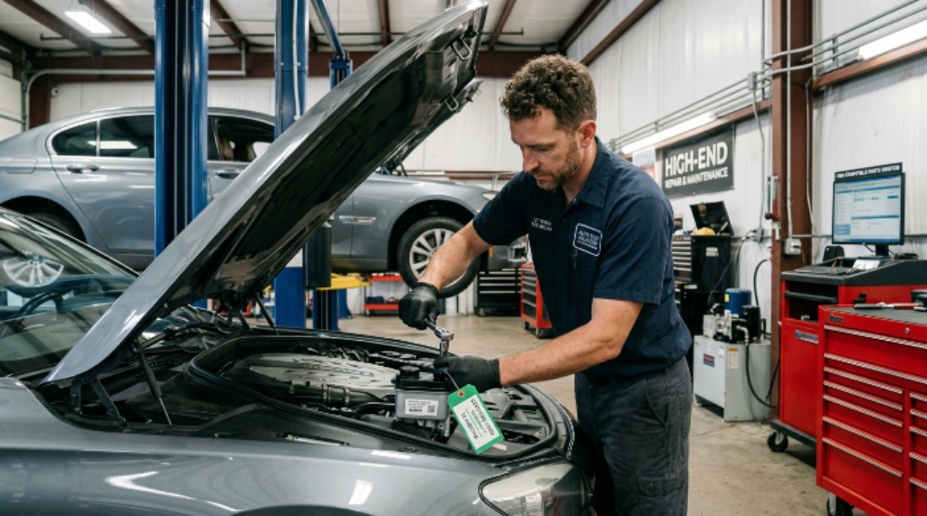 Technician installing a certified used OEM replacement part on a luxury vehicle in a repair workshop