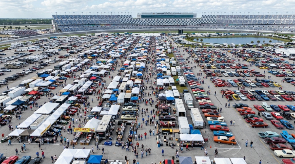 Aerial view of the Daytona Turkey Run swap meet with hundreds of vendor booths and thousands of visitors walking through the car show grounds