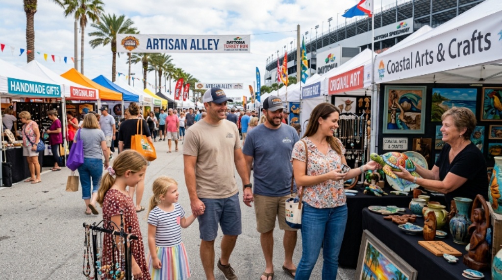 Family browsing handmade crafts and art at Artisan Alley during the Daytona Turkey Run Thanksgiving weekend event in Daytona Beach Florida