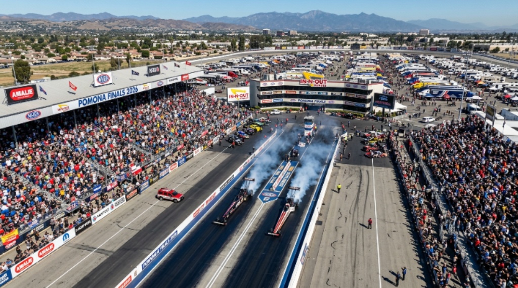 Aerial view of the In-N-Out Burger Pomona Dragstrip packed with fans in the grandstands during the 2026 NHRA Finals season-ending championship race weekend in Pomona, California