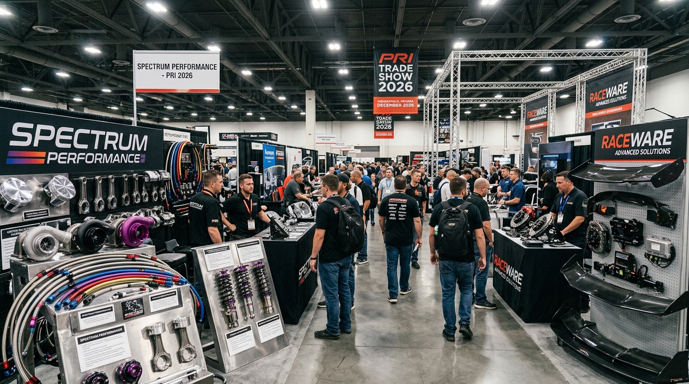 Motorsports parts and performance products on display at exhibitor booths during the PRI Trade Show 2026 in Indianapolis Indiana