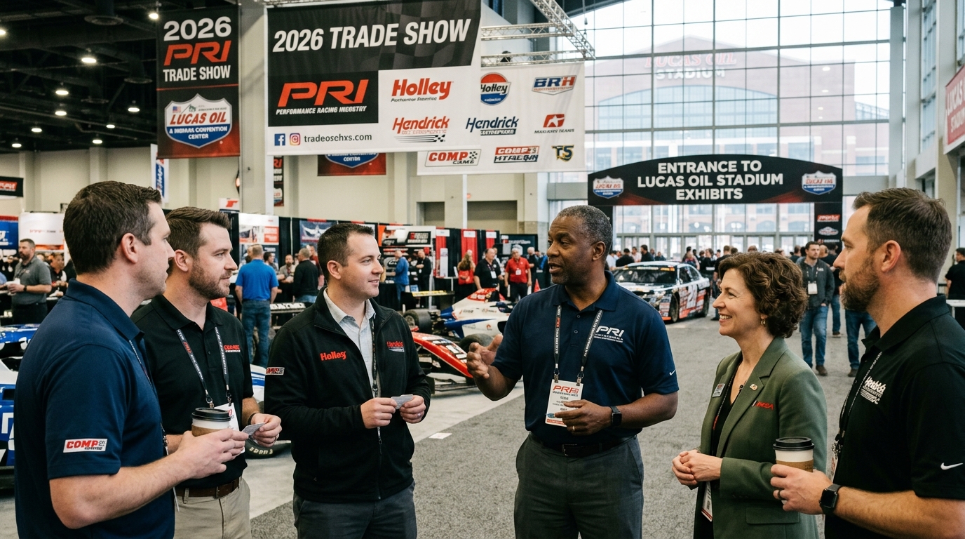 Racing industry professionals networking at the 2026 PRI Trade Show held at Lucas Oil Stadium and Indiana Convention Center in December