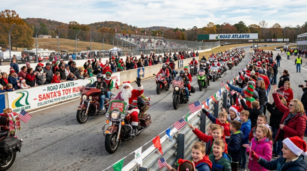 Children and families cheering on motorcycle riders during Santa's Toy Run at Road Atlanta