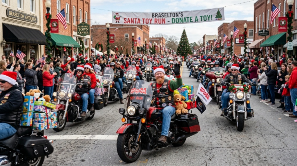 Motorcycle riders lined up at Road Atlanta for the annual Santa's Toy Run charity event in December 2026
