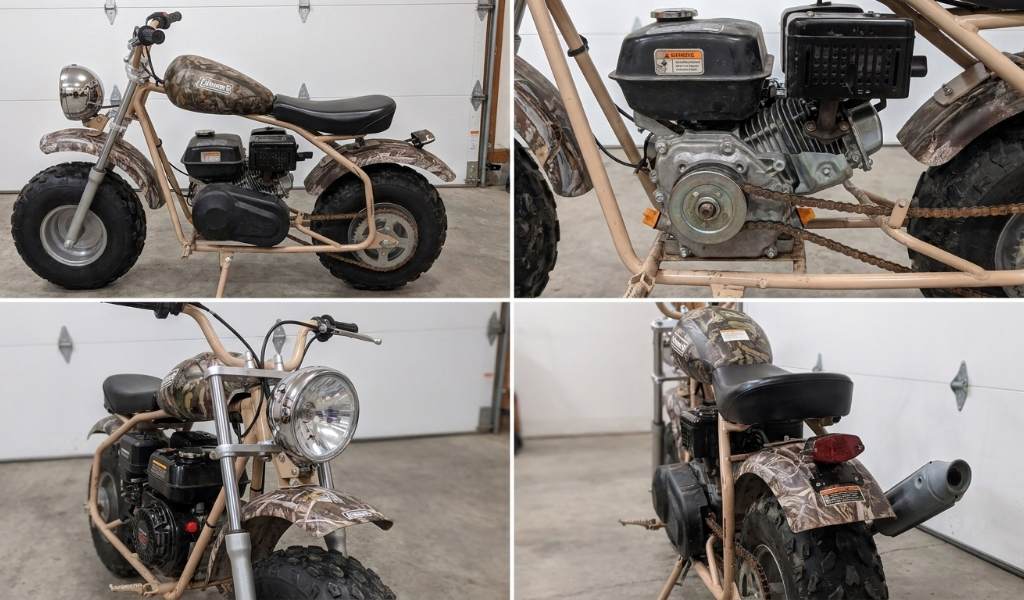 Coleman Camo Mini Bike seat, handlebars, and rider controls