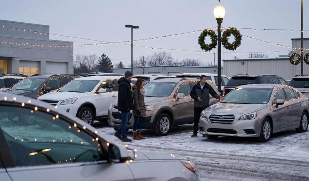 Couple comparing holiday car deals on a phone outside a showroom