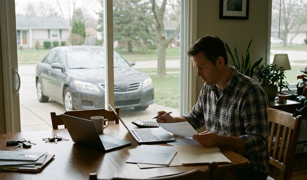 Credit union representative discussing older vehicle refinancing requirements