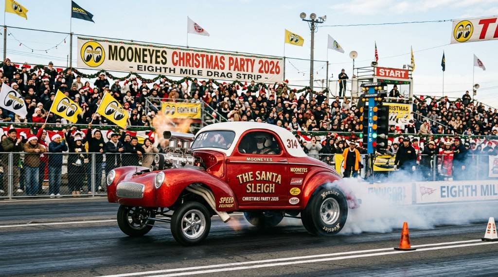 Vintage gasser making a pass down the eighth-mile drag strip at the MOONEYES Christmas Party 2026