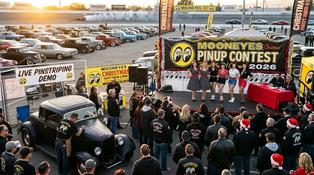 Pinup contest and pinstriping demonstration at the MOONEYES Christmas Party Show and Drag December 2026