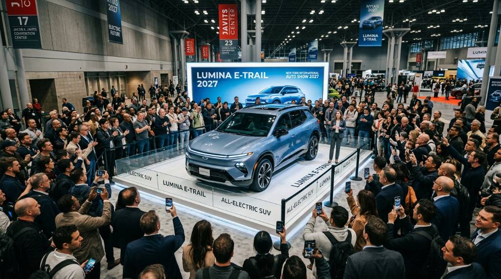 New electric SUV on display at the New York Auto Show 2027 with crowd gathered around