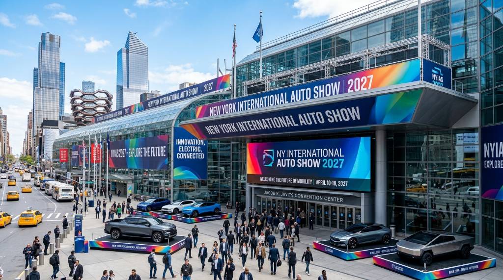 Exterior view of the Jacob K. Javits Convention Center decorated for the New York Auto Show 2027