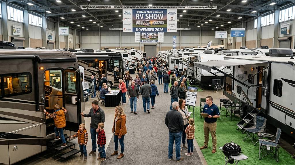 Interior view of a luxury motorhome on display at the 2026 Portland RV Show with modern furnishings