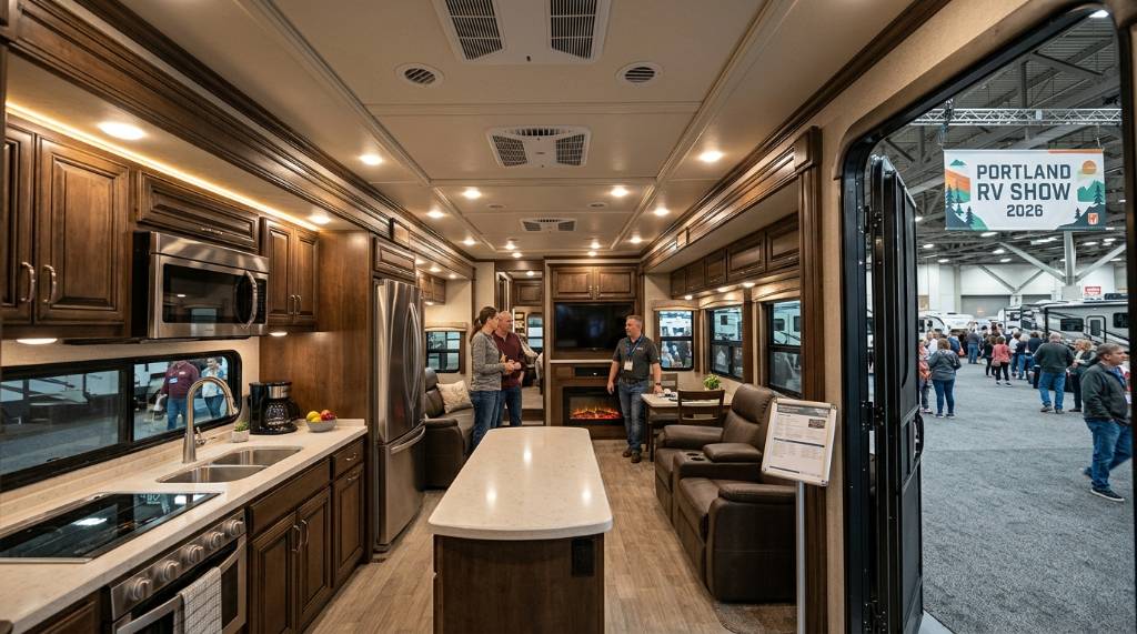 Families walking through travel trailers and fifth wheel RVs at the Portland Expo Center show floor