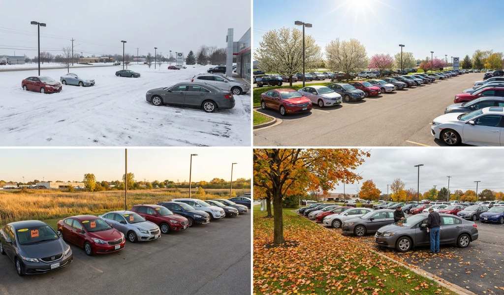 Row of new and outgoing model-year cars on a dealer lot in autumn