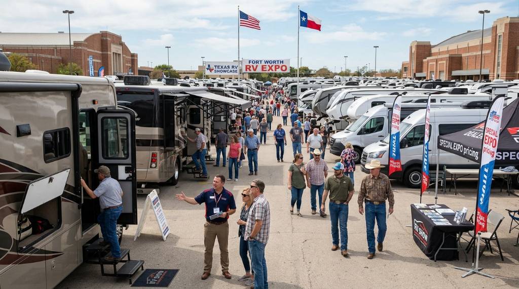 Visitors browsing RV models and talking to dealers at an outdoor RV expo in Fort Worth Texas