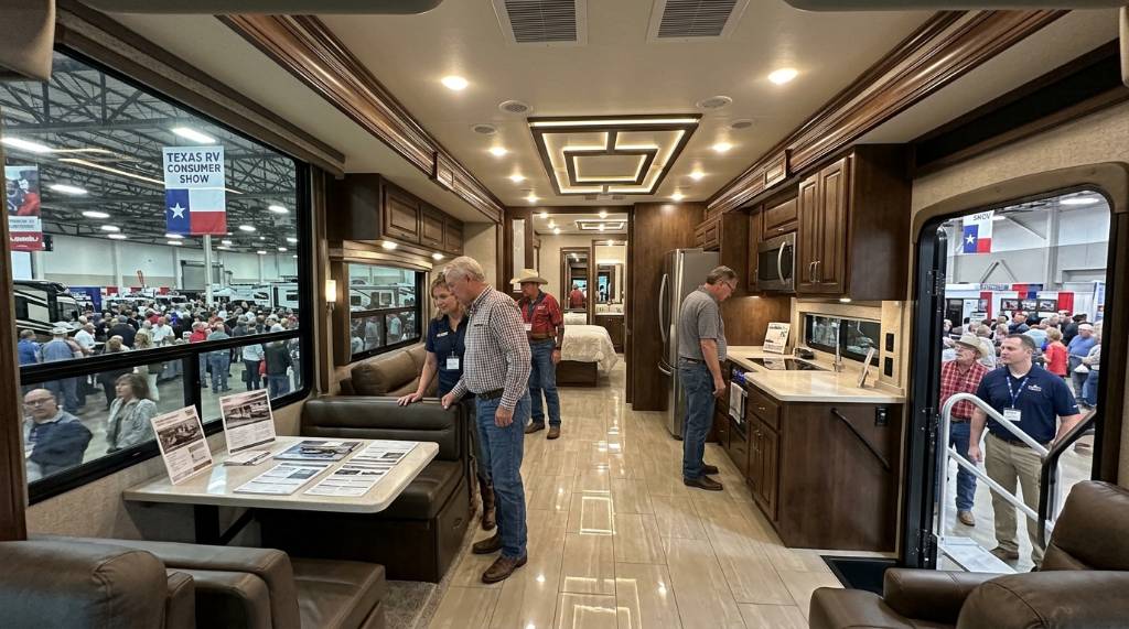 Interior view of a Class A motorhome on display at a large Texas RV consumer show