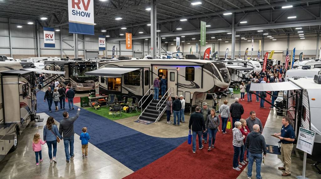 Families walking through an indoor RV exhibition hall browsing motorhomes and travel trailers