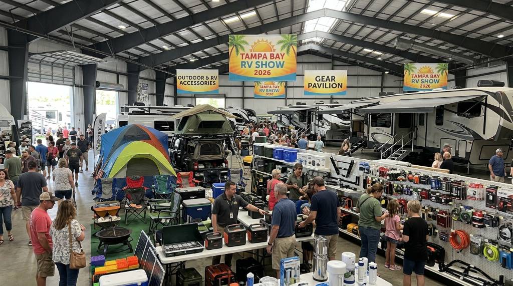 Outdoor camping gear and RV accessories on display at the Tampa Bay RV Show 2026