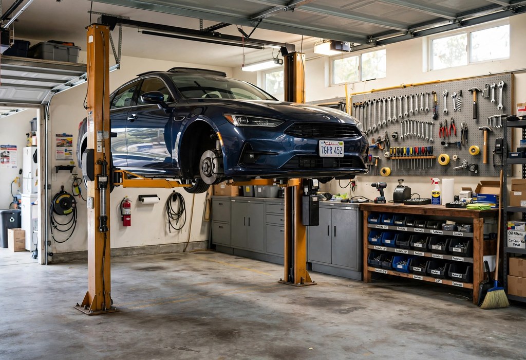 Home garage with a car raised on a two-post lift and tools organized on the wall