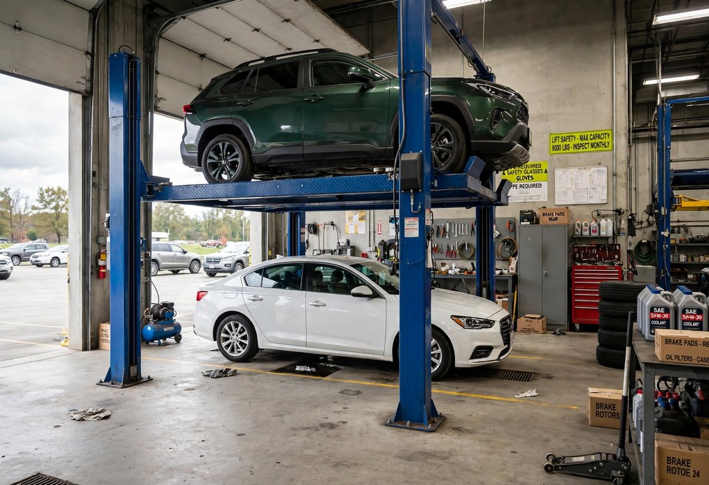 Four-post car lift with drive-on runways storing two cars in one bay