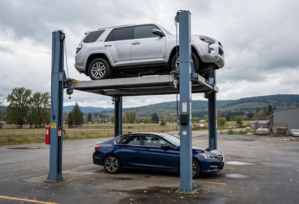 Four-post storage lift parking one car above another car