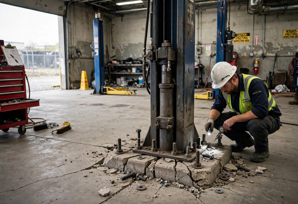 Garage car lift safety inspection of anchor bolts and cracked concrete