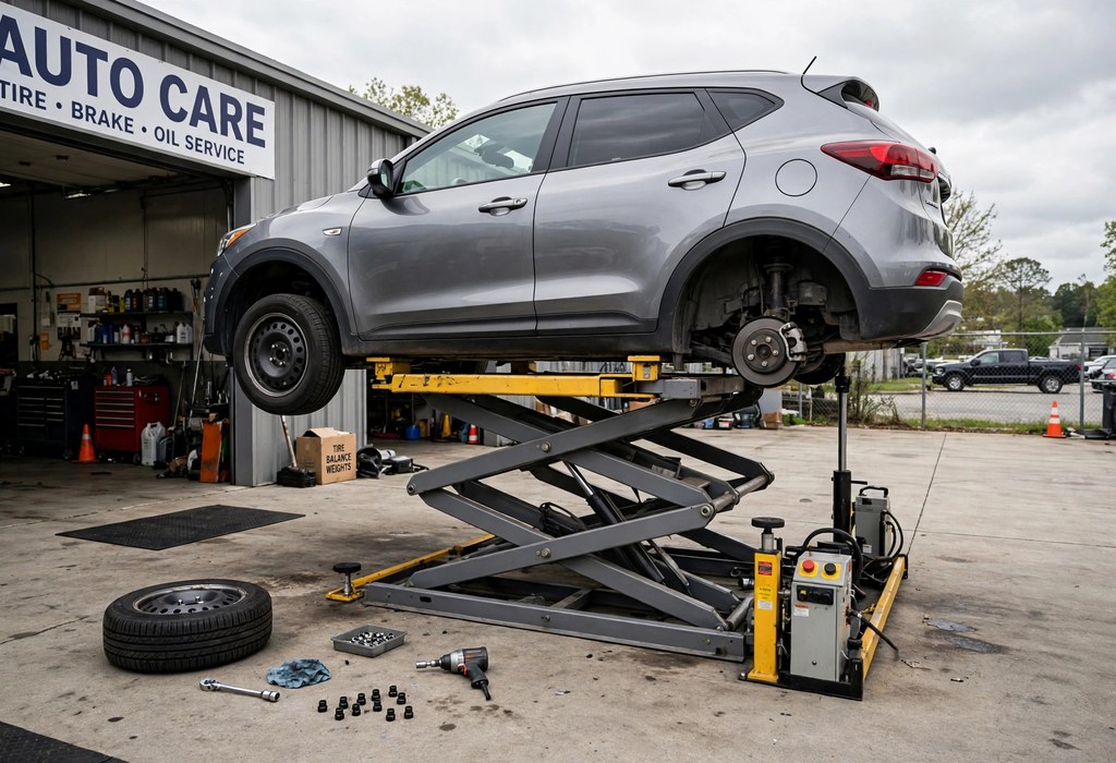 Low-rise scissor lift supporting a car during tire rotation work