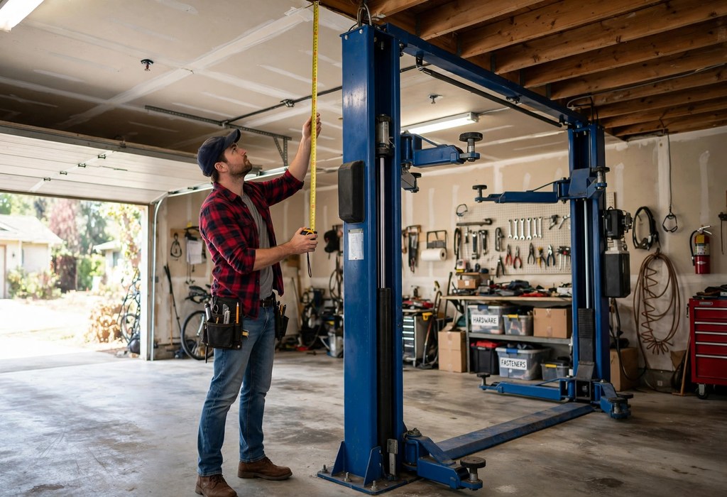 Homeowner measuring garage ceiling clearance above a two-post lift with tape measure