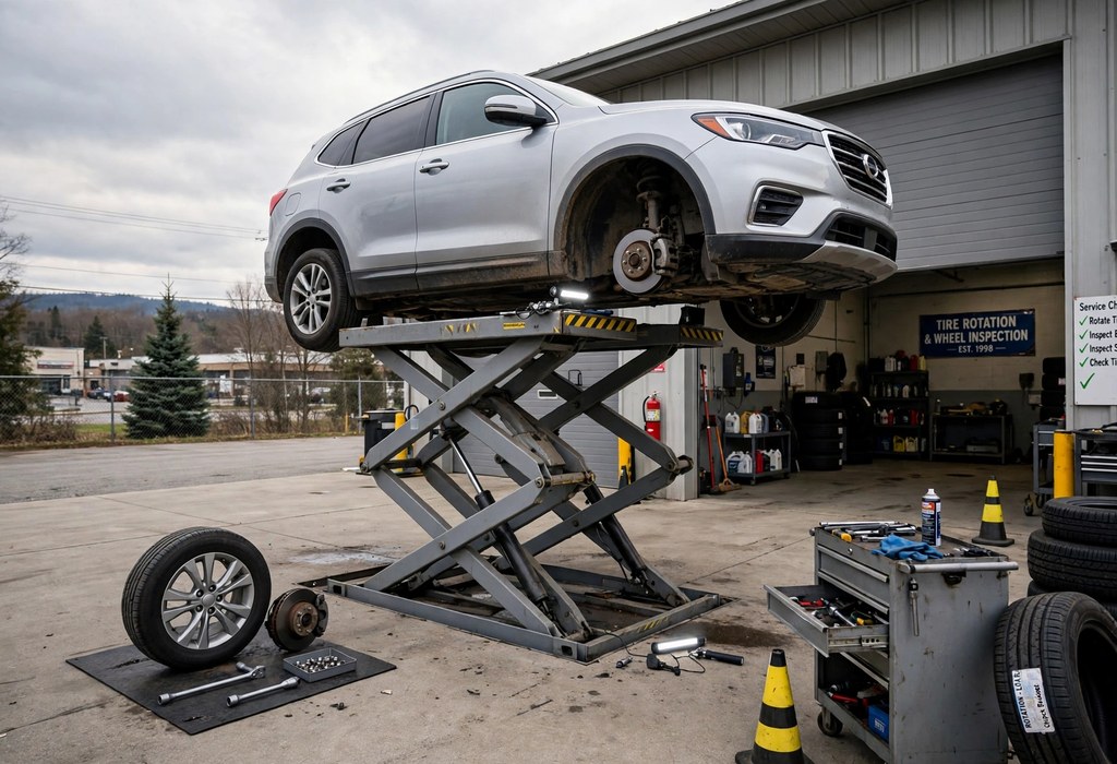 Scissor lift raising a car for tire rotation and wheel inspection