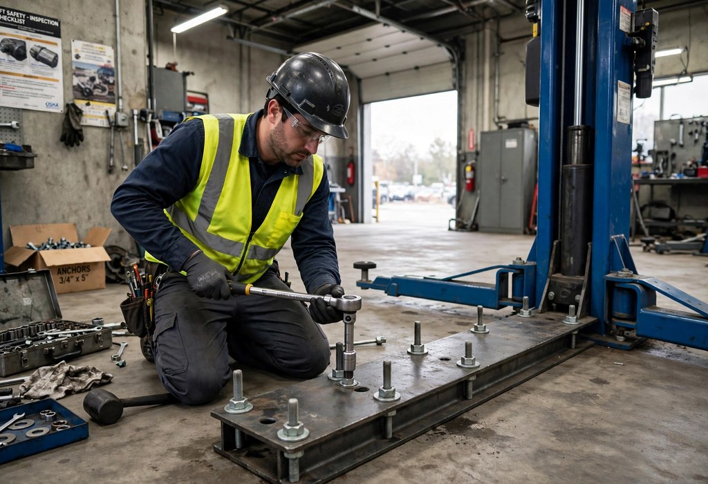 Installer torquing anchor bolts on car lift base plate securely