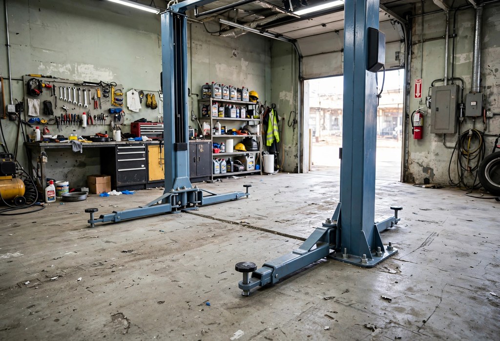 Two-post car lift anchored into thick concrete garage floor